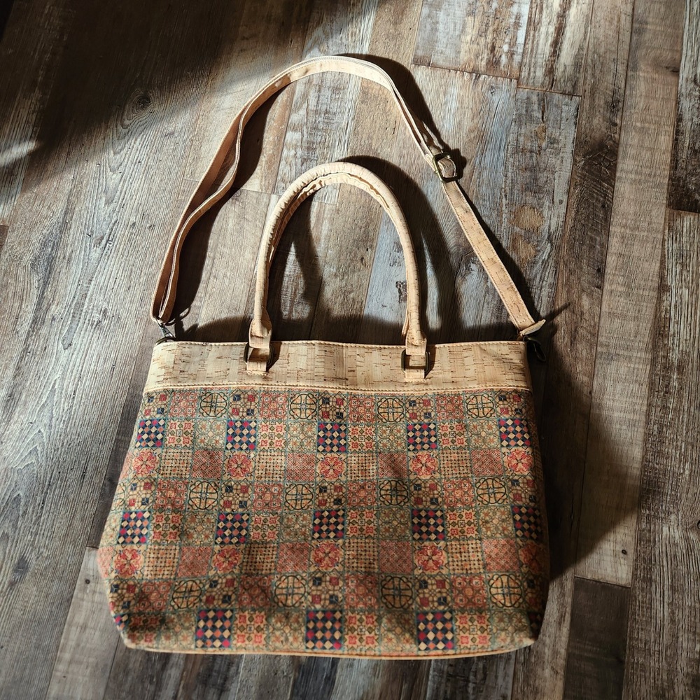 Natural Cork Tote Bag Geometric Tile Floral Print Crossbody Handbag Tan Vegan
